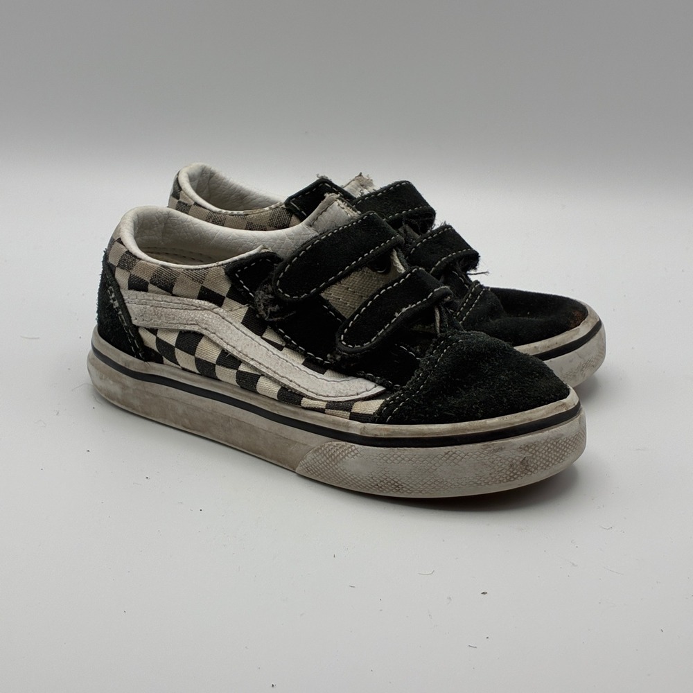 Vans Old Skool V Toddler 8.0 Black White Checkerboard Hook and Loop Sneakers